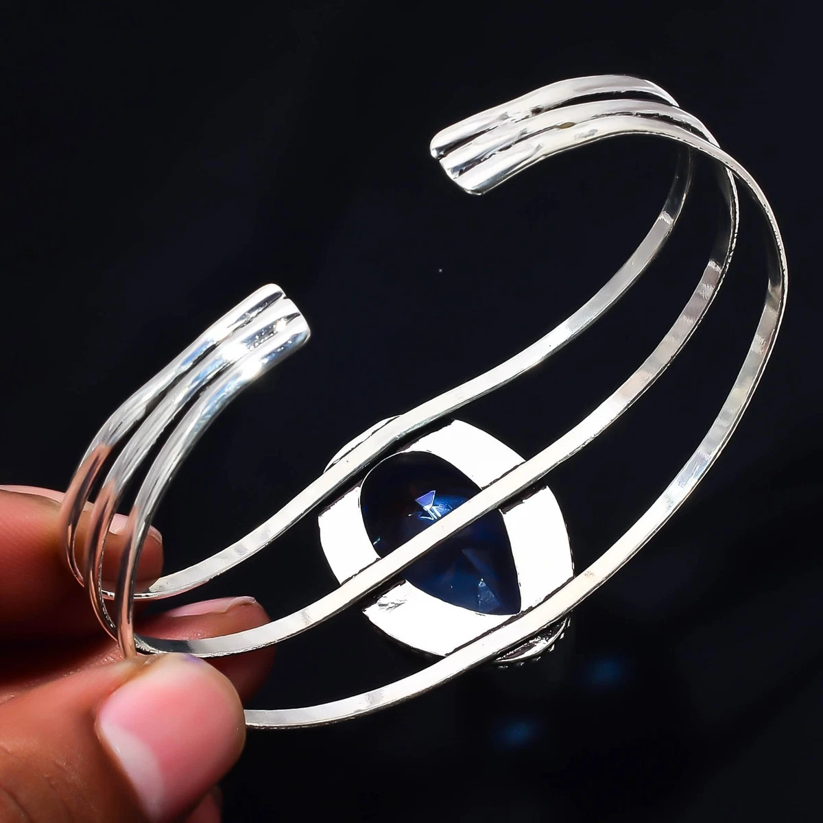 Tanzanite Quartz Gemstone 925 Sterling Silver Handmade Bangle Jewelry Gift For