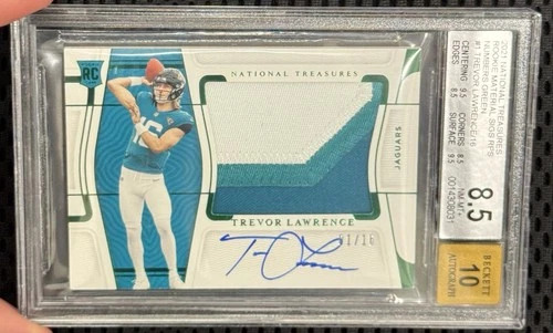 2021 NATIONAL TREASURES TREVOR LAWRENCE AUTO PATCH RPA GREEN JERSEY 1/16 BGS 8.5
