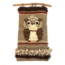 Vtg Handmade Owl Latch Hook Wall Hanging Yarn Textile Boho Folk Art 23.5 x 11.5