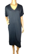 Lush Black Midi Dress Size M Short Cuffed Sleeves V Neck Hi Low Hem Side Pockets