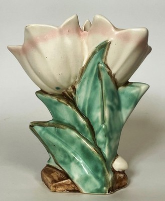 VINTAGE MCCOY POTTERY DOUBLE TULIP PINK TIPPED WHITE CERAMIC FLOWER VASE 8 x 7''
