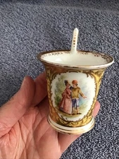 Vtg Dresden Cup Demitasse Espresso Victorian Couple Scene Gold Yellow Numbered
