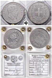 REGNO D'ITALIA 5 lire 1871 Roma RARA ARGENTO PERIZIATA Vittorio Emanuele II