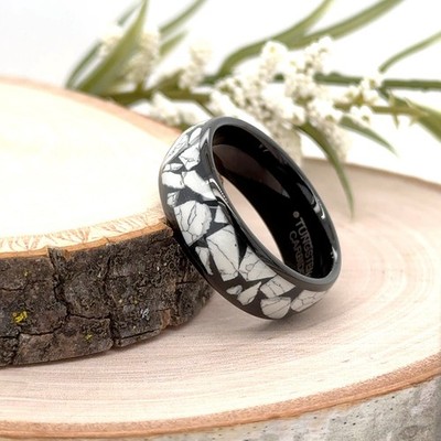 White & Black Cracked Stone Inlay Ring 8mm Black Tungsten Band For Christmas