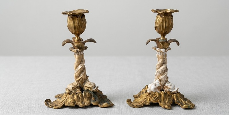 Antique 19th Century English Ormolu & Porcelain Candlesticks - Dolphin Motif...