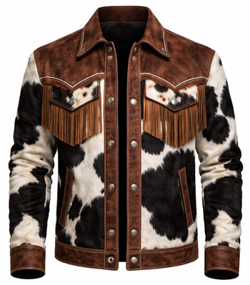 Mens Western Cowhide Leather Jacket Fringe Cow Print Cowboy Rodeo Brown White NE
