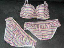 Ladies Pink Rainbow Stripe Floozie Frost French Bikini Top 34E Bottoms 10  12