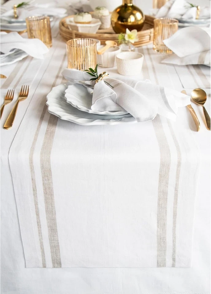 Elegant 120 Inch Pure Linen French Stripe Table Runner for Dining & Thanksgiving - Image 3 of 4