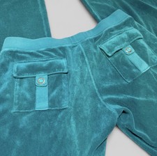 vintage y2k teal juicy couture terry cloth velour snap back wide leg pants szS