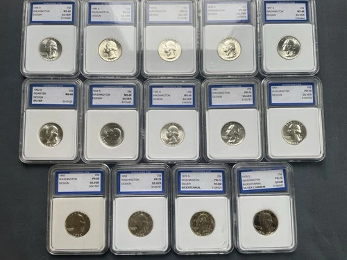 14pc Silver Washington Quarter Lot 90% 1940s-1976 Proof & BU Coins