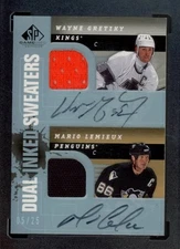 2008 SP GAME USED WAYNE GRETZKY/MARIO LEMIEUX DUAL INKED SWEATERS PATCH AUTO /25