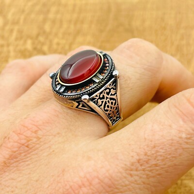 Men Sterling Silver Ring, Red Agate Stone Ring, 925K Mens Jewelry