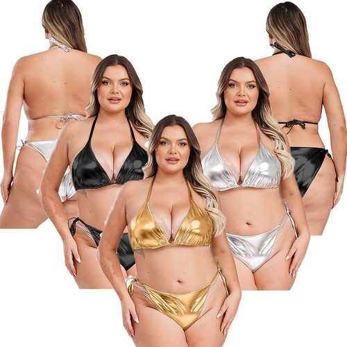 Women Lingerie Set G-String Bikini Bathing Suit Swimsuit Metallic Tie-up Bra - Picture 2 of 34