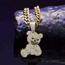 Iced Angry Bear Doll Pendant & 20" Cubic Zirconia Cuban Chain Hip Hop Necklace