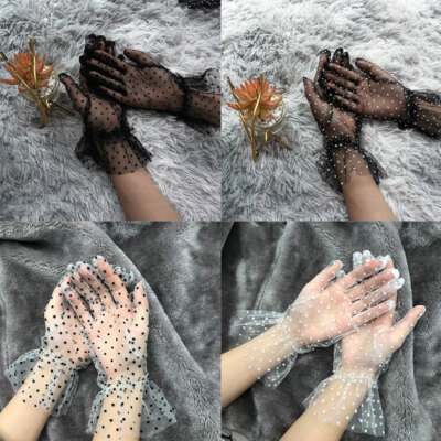 Women Tulle Dot Gloves Mesh Gauze Lotus Leaf Sheers Elegant Dancing Dress Gloves