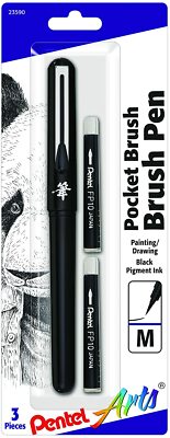 GFKP3BPA Pentel Arts Pocket Brush Pen, Black, Medium Brush, 1 Pen w/ 2 Refills