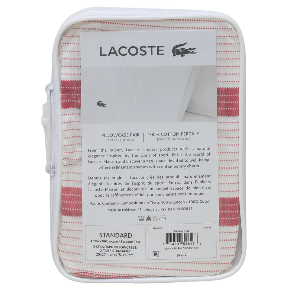 Par de fundas de almohada estándar Lacoste 100 % algodón percal archivo barroco rosa Foto 2 de 4