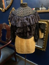 Antique Victorian Ladies Black Silk Lace Blouse with High Collar Ruffled Top