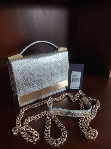 Brian Atwood "Ava" Silver Pewter Leather & Gold Hardware Bag Thick Çhain Strap