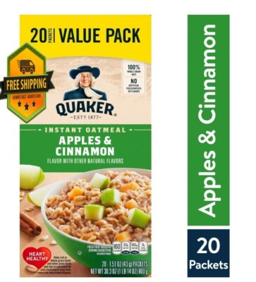 Quaker Instant Oatmeal, Apple & Cinnamon flavor, 1.51 oz per packet, 20-pack