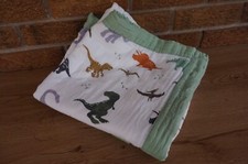 BABY Blanket Aenne LARGE Muslin DINOSAUR Print Layer Cotton White GREEN READ