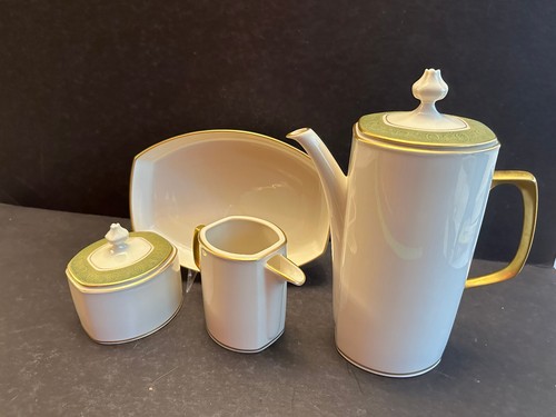 Franciscan "Antique Green" Coffee Pot w/Lid, Sugar w/Lid, Creamer w/o Lid, Bowl
