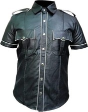 Men's Real Black Leather Police Shirt Gay Biker Schwarz Cuir Lederhemd Piping