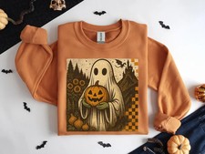 Retro Floral Ghost Sweatshirt Checkered Halloween Hoodie Vintage Pumpkin Pumpkin