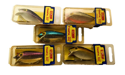 5 Vtg NOS Storm ThinFin Fishing Lures Original Boxes Silver Shad Assorted Colors