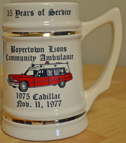 VTG 1977 Boyertown Lions Community Ambulance Ceramic Mug Stein Pennsylvania PA