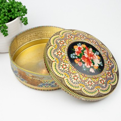 VTG Round Brass Lided Tin Floral Multicolor Mosaic Beaded Embossed 8'' Diameter
