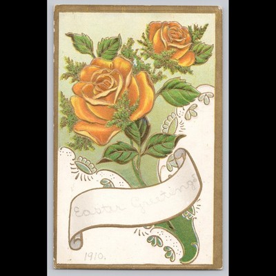 Postcard Easter Greetings Orange Roses Made in Germany 1910