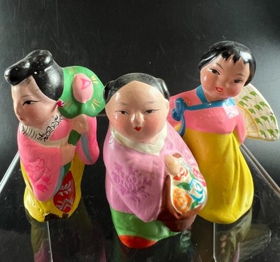 Vintage 3 Wuxi Huishan Clay Chinese girls ladies fan figurine miniature folk art