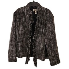 Chicos Design Black White Tweed Fringe Jacket Blazer Women Size 2