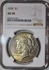 NGC AU-58 1928-P Peace Dollar, Highly Lustrous, Barely Circulated, Key-Date!
