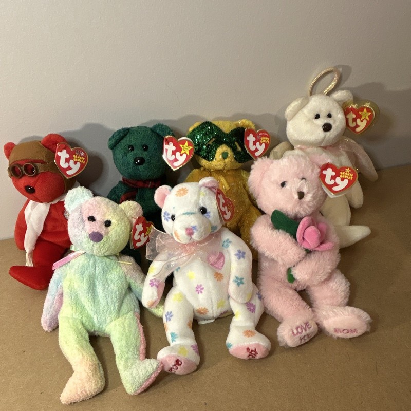 Ty Beanie Baby lot of 7, Vintage MWMT Wallace, Masque, Bearon, Halo, Groovy, Mom