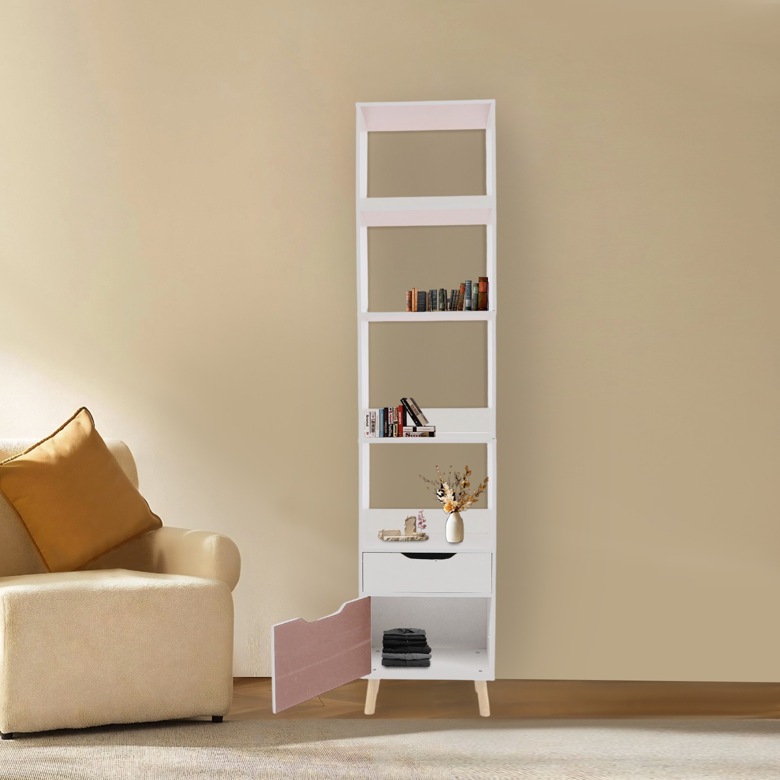 4 Tier Storage Shelf Freestanding Organizing Rack Tall Open Book Stand w/ Drawer