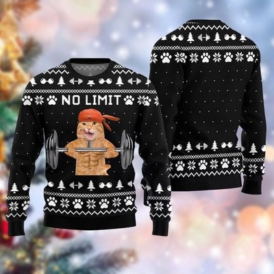 Funny Buff Cat Ugly Christmas Sweater Cat Lover Holiday Gift Fullsize S-6XL