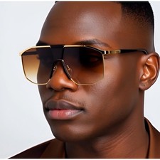 Shield Sunglasses Gold Frame Brown Lens Flat Top Bar Men Shades Lentes Gafas New