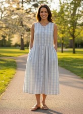 Allison Blair Blue Stripe Sleeveless Midi Dress Button Front Pockets Cottagecore