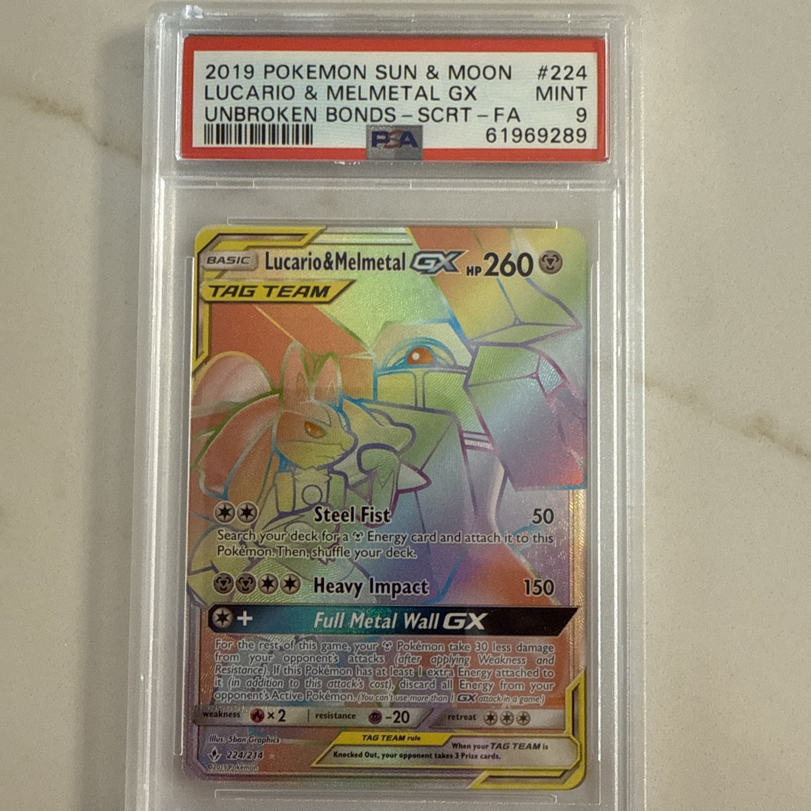 2019 Pokemon Lucario & Melmetal GX 224/214 Secret Rare Unbroken Bonds PSA 9 MINT