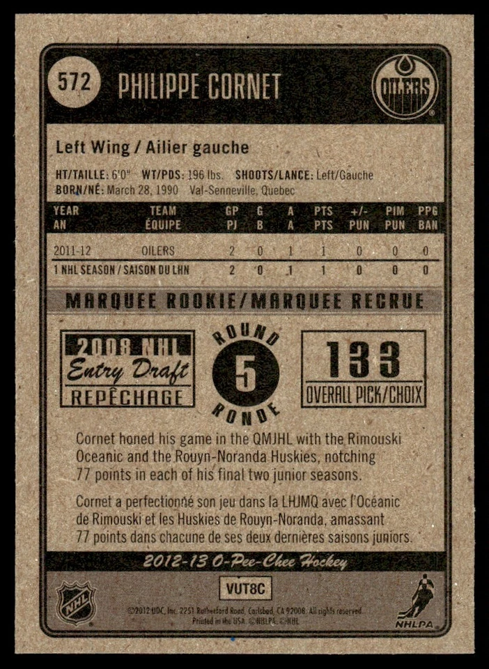 2012-13 O-Pee-Chee Red Philippe Cornet Rookie Edmonton Oilers #572 - Image 2 of 2