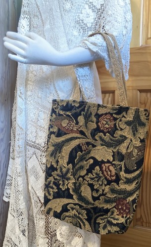 Handmade 1990s Vintage Brocade Floral Tapestry Tote Bag Jute Woven Handles EUC
