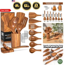 Teak Wooden Kitchen Utensil Set with Holder 10PCS Cooking Spatulas Spoons