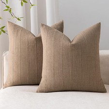 Soft Linen Striped Throw Pillow Covers 18"x18" Set of 2, Taupe Textured Decor...