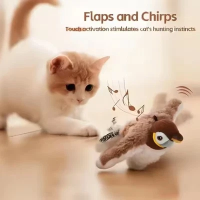 CA&T Interactive Flapping Chirping Bird Cat Toy USB Rechargeable Plush w/ Catnip
