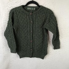 Blarney Woollen Mills Sweater Youth 8-10 Green Merino Wool Cable Knit Cardigan