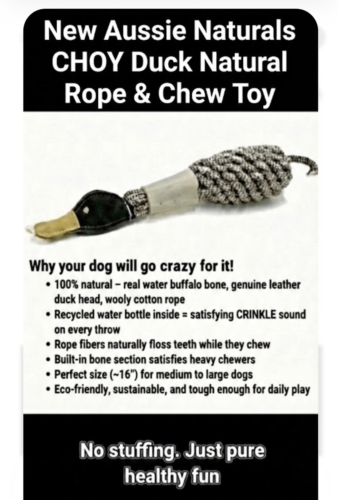 Aussie Naturals Dog Toy- Bottle Bird Choy Duck-Eco Friendly,
