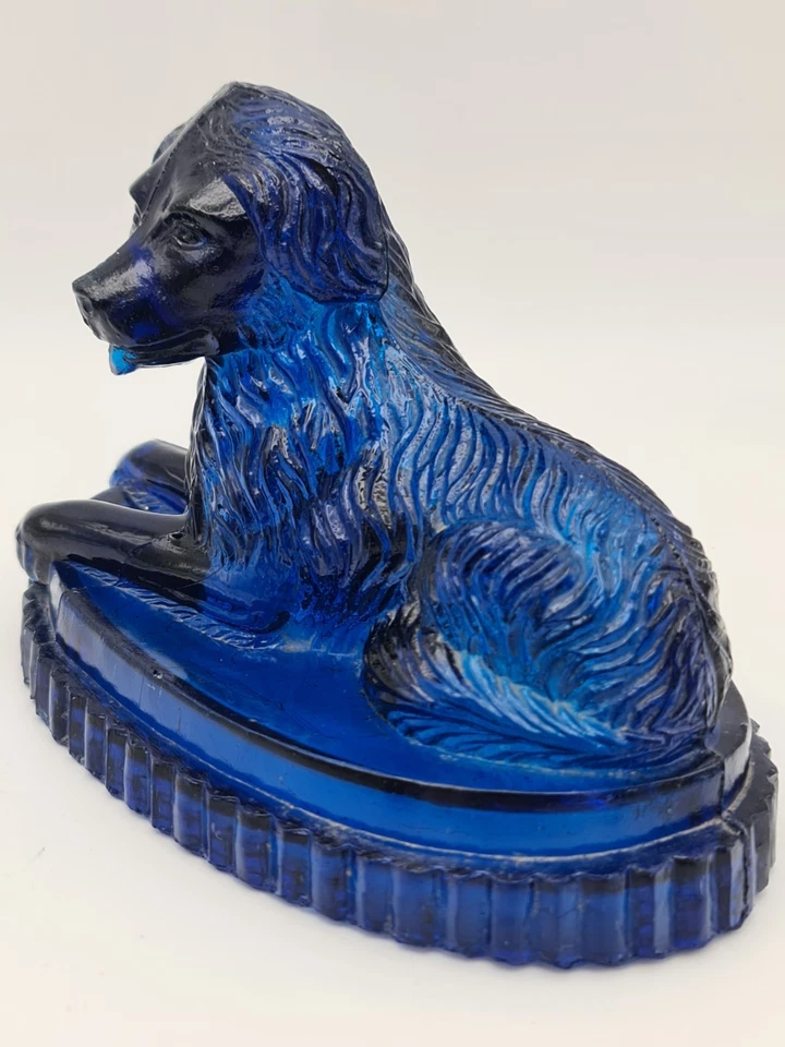 VICTORIAN COBALT BLUE PRESSED GLASS NEWFOUNDLAND DOG JOHN DERBYSHIRE 19thC RARE - Image 4 of 4