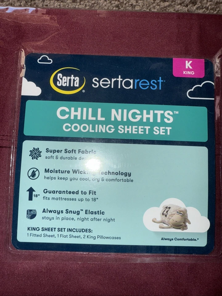Serta Rest Cooling KING Sheet Set Moisture Wicking Deep Fit-Burgandy - Image 2 of 3